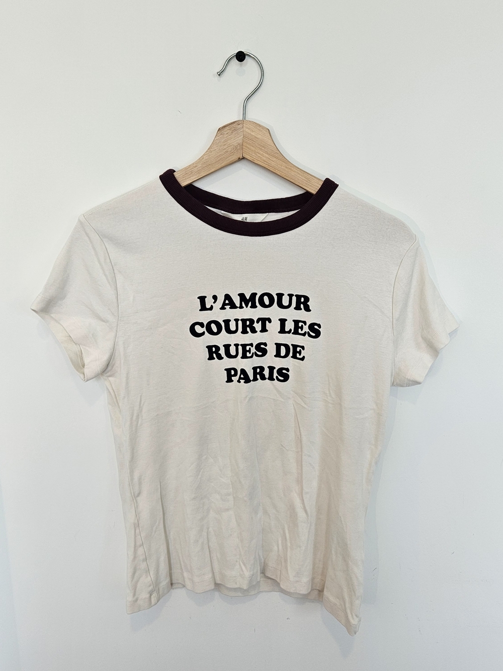 H&M Cream Ringer Tee with Black Text and Dark Collar